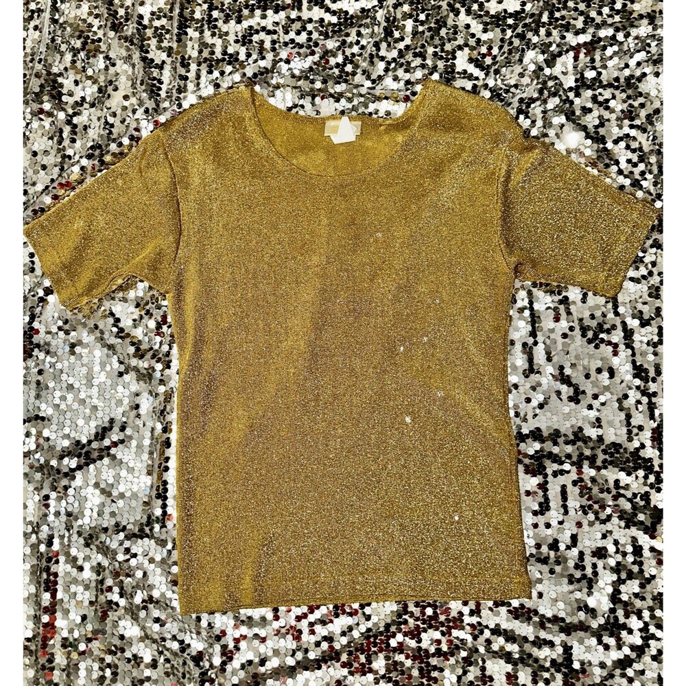 True Vintage California Style Gold Metallic Glitter Knit Short Sleeve